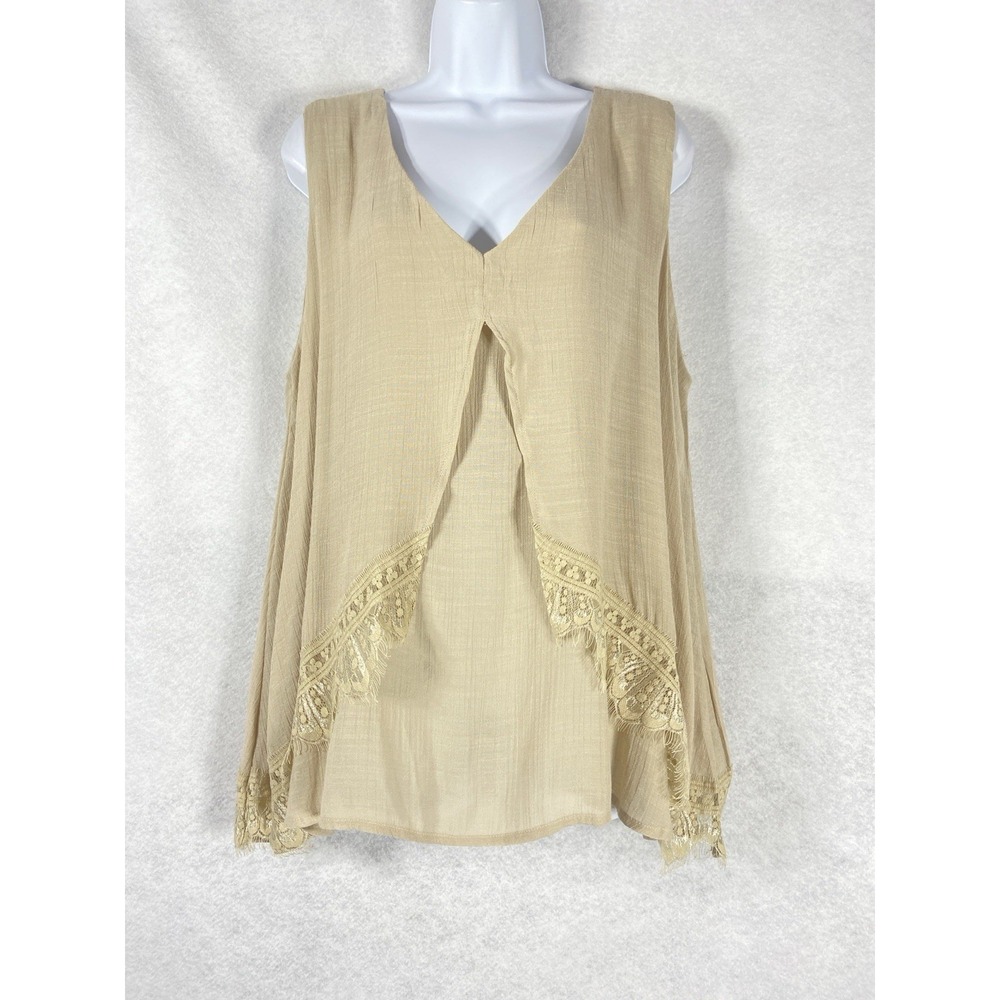 Melissa Paige Top Womens Large Beige Sleeveless Lace Trim Layered Boho Chic New